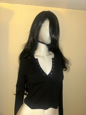 Forever 21 Black V-Neck Long Sleeve Top with Eyelet Detail